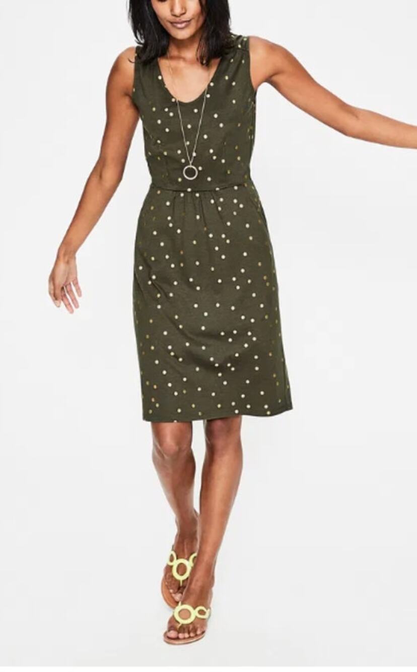 Boden Melinda Green Gold Polka Dot Jersey Dress Sleeveless V-Neck Pocket Sz 8